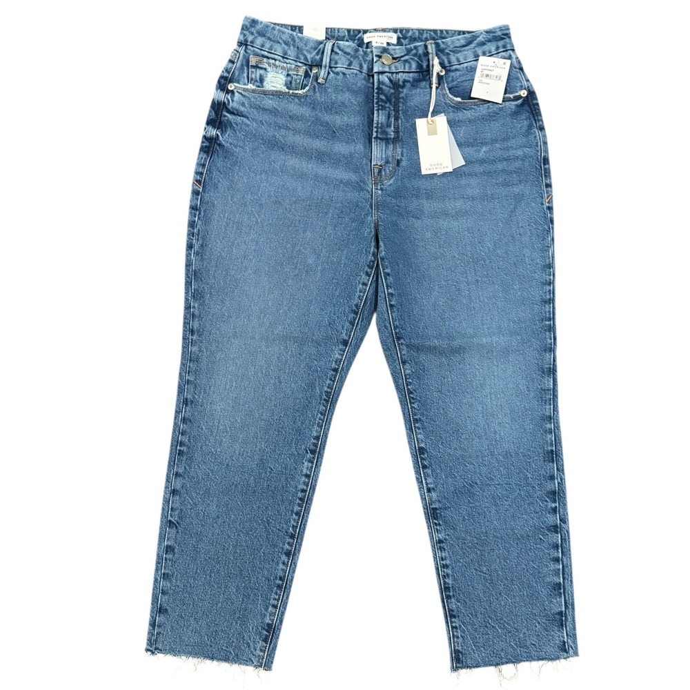 Good American High Rise Straight Leg Cropped Jeans Frayed Hem Size 8 NWT‎